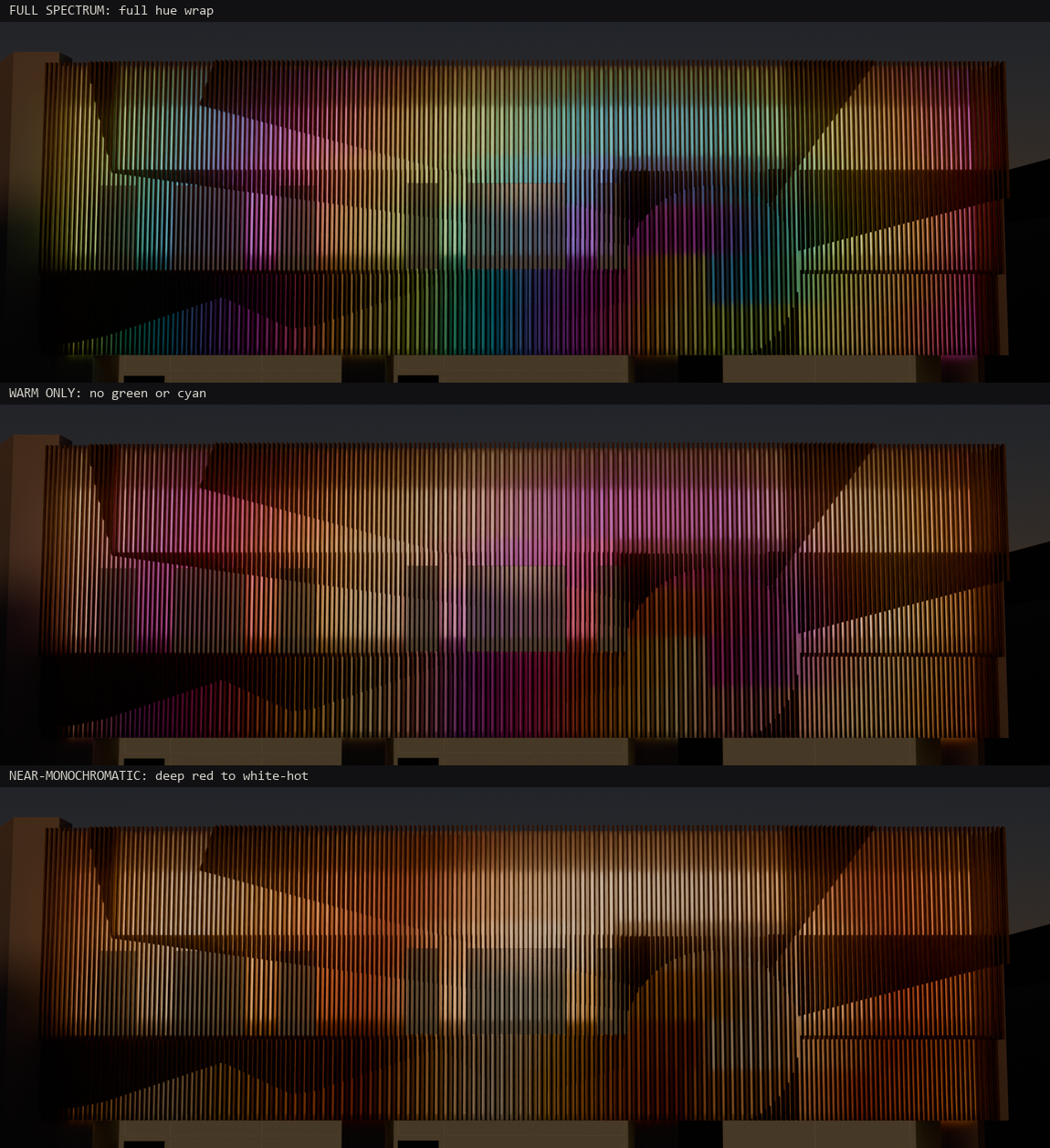 Three candidate color palettes shown on the facade